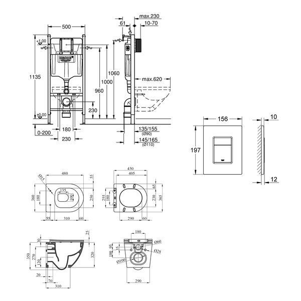 Комплект 4 в 1: Инсталляция Grohe Solido 2 в 1 38971000 + Панель смыва для унитаза Grohe Even Black 38966KV0 + Унитаз безобедочный Kroner Harz WHI483632 TORNADO с сиденьем Slim Duroplast / Soft-close2 (38971966KV0KH48T) CV036754 фото
