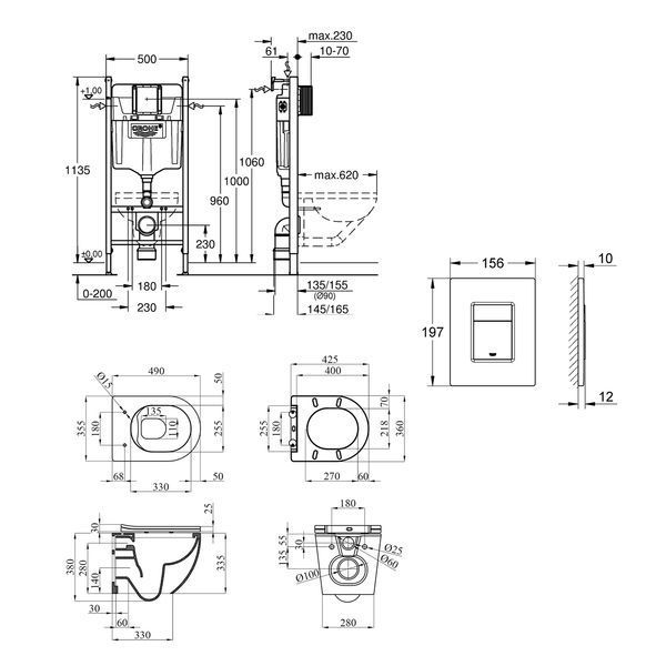 Комплект 4 в 1: Инсталляция Grohe Solido 2 в 1 38971000 + Панель смыва для унитаза Grohe Even Black 38966KV0 + Унитаз безободочный Kroner Harz WHI493736 RIMLESS с сиденьем Slim Duroplast / Soft-close (38971966KV0KH49R) CV036755 фото