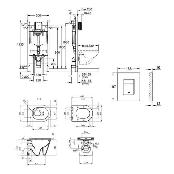 Комплект 4 в 1: Инсталляция Grohe Solido 2 в 1 38971000 + Панель смыва для унитаза Grohe Even 389662430 + Унитаз подвесной безобедочный Kroner Armada WHI513636 RIMLESS с сиденьем Slim Duroplast /Soft (38971966243KA51R) CV036758 фото