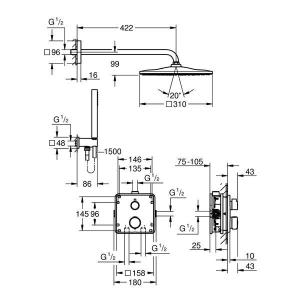 Душова система прихованого монтажу термостатична Grohe QuickFix Precision Grohtherm Cube 34881000 CV034331 фото