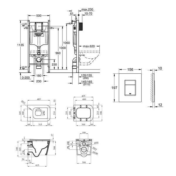 Комплект 4 в 1: Инсталляция Grohe Solido 2 в 1 38971000 + Панель смыва для унитаза Grohe Even 389662430 + Унитаз подвесной безобедочный Kroner Eifel WHI483429 TORNADO с сиденьем Slim Duroplast / Soft KE483429WHIT(38971966243KE48T) CV036759 фото