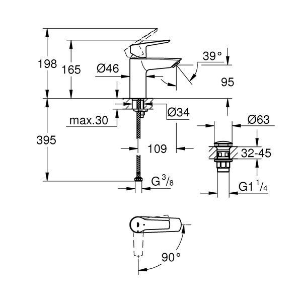 Смеситель для раковины Grohe QuickFix Start S-Size 23551002 с донным клапаном CV030580 фото
