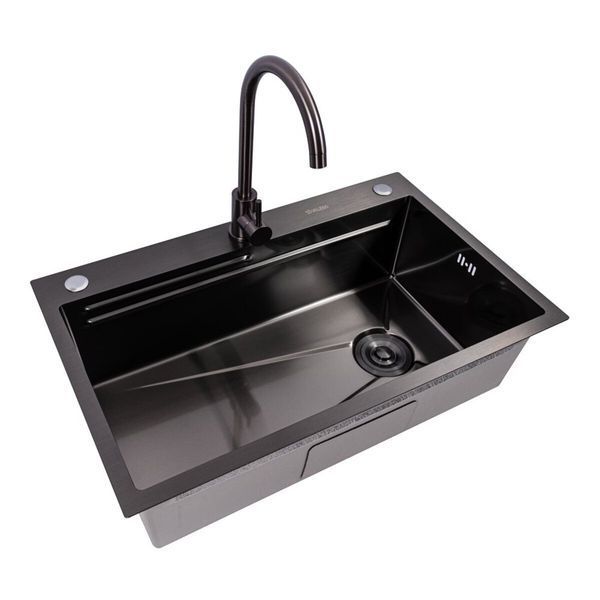 Мийка кухонна нержавіюча сталь PVD чорна Work station для кухні VALESO CM 75*46B Handmade 3.0/0.8 50068 фото