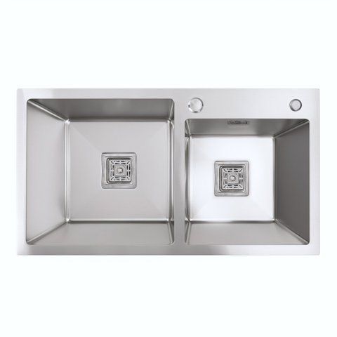 Мийка на дві чаші Platinum Handmade HDB 750х410х230 нержавійка (квадратний сифон, 3.0/1.0) 39750 фото
