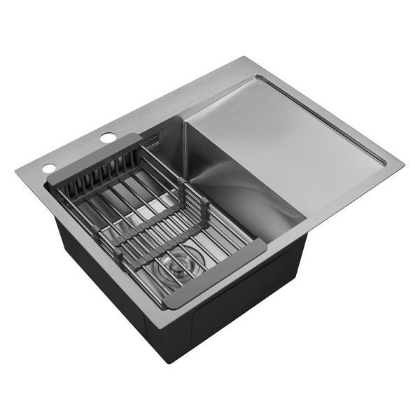 Комплект кухонної мийки Kroner KRP Geb&uuml;rstet 63х50LHM BLK04 nichel SL54261 фото