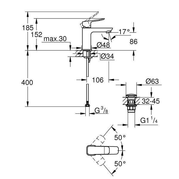 Смеситель для раковины Grohe QuickFix Dice S-Size 1018570000 с донным клапаном CV036199 фото