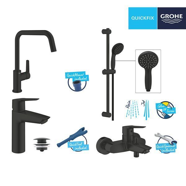 Набор смесителей 4 в 1 для ванной комнаты и кухни Grohe QuickFix Start Black M-Size UA303301MK CV033954 фото