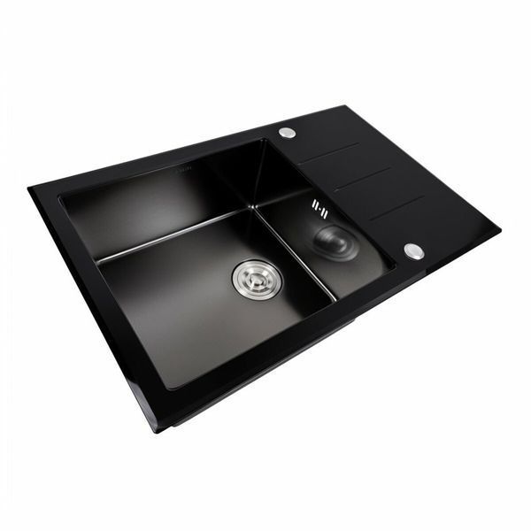 Кухонна мийка скляна CM 78*50 PVD Platinum Handmade чорна 47099 фото