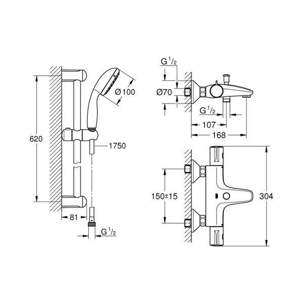 Смеситель для ванны Grohe Grohtherm 800 34567000 с душевым гарнитуром 27948001 (34567001) CV032204 фото