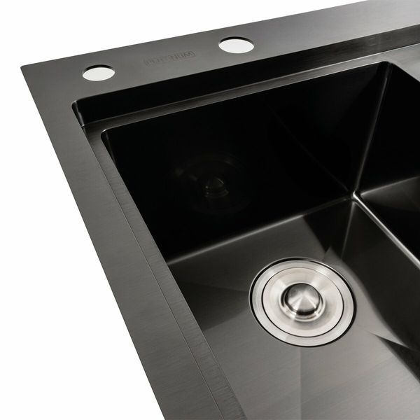Кухонна мийка чорна PVD 58*48 L Platinum Handmade (два отвори, круглий сифон 3,0/0,8) 42226 фото