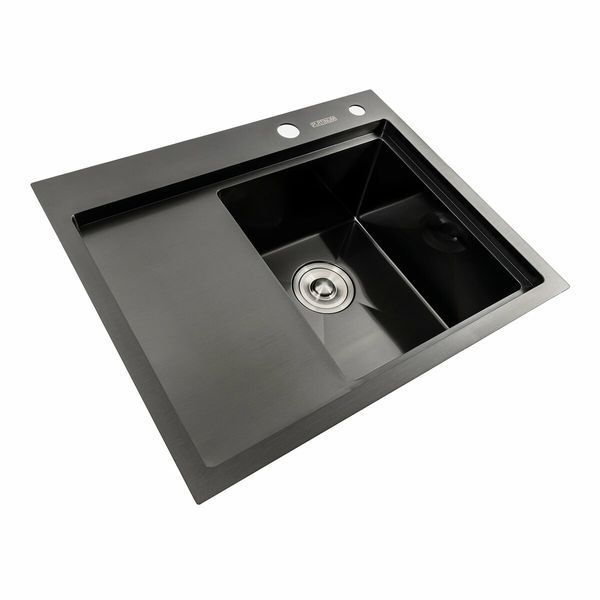 Кухонная мойка черная PVD 58*48 R Platinum Handmade (два отверстия, круглый сифон 3,0/0,8) 42227 фото