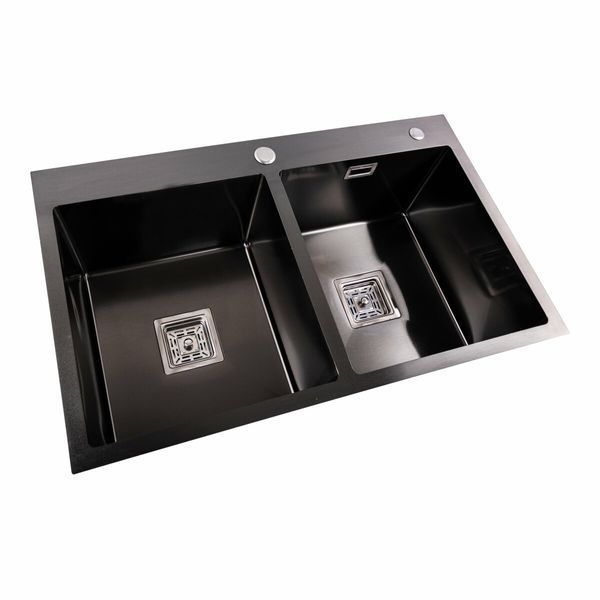 Кухонна мийка Platinum Handmade PVD HDB чорна 780х480х230 на дві чаші (квадратний сифон,3.0/1.0) 36734 фото