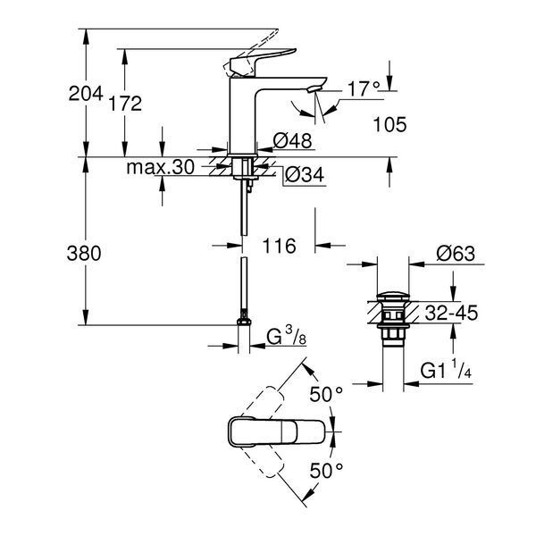 Смеситель для раковины Grohe QuickFix Dice M-Size 1018330000 с донным клапаном CV036187 фото