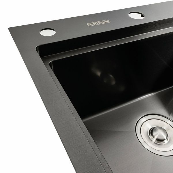 Кухонна мийка чорна PVD 78*43 L Platinum Handmade (два отвори, круглий сифон 3,0/0,8) 42230 фото