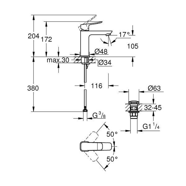 Смеситель для раковины Grohe QuickFix Dice M-Size 1018332430 с донным клапаном CV036188 фото