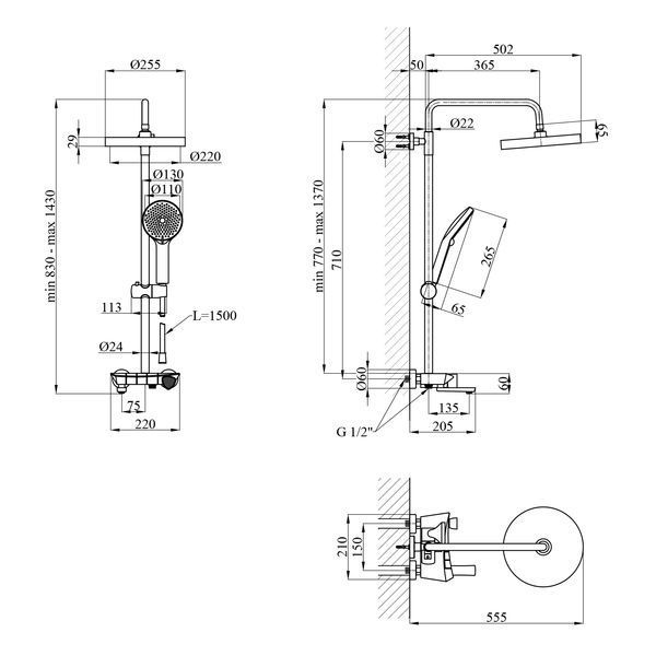 Душевая система термостатическая Kroner KRP Axis Line Thermo - GRP0636 CV036842 фото