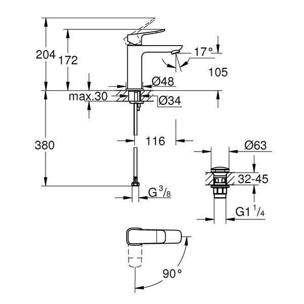 Смеситель для раковины Grohe QuickFix Dice ES M-Size 1018362430 с донным клапаном CV036192 фото