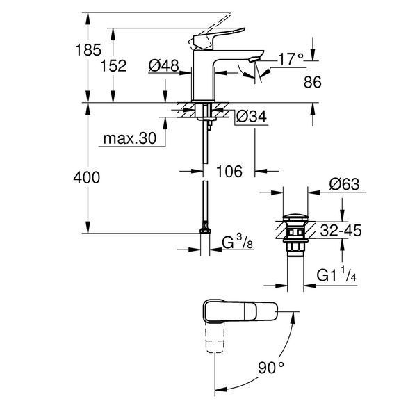Змішувач для раковини Grohe QuickFix Dice ES S-Size 1018612430 з донним клапаном CV036204 фото