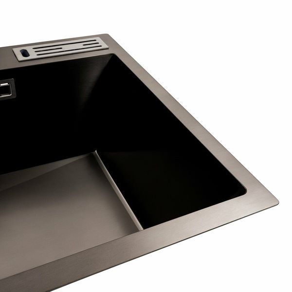 Кухонна мийка 75*46 PVD чорна з підставкою для ножів Platinum Handmade HSB (квадратний сифон 3,0/1) 44586 фото